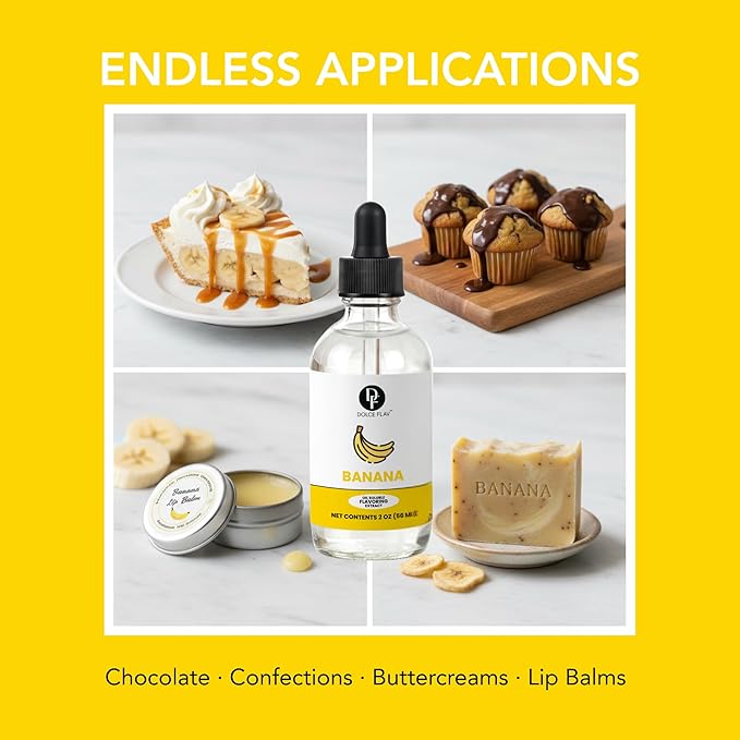 Dolce Flav Banana Extract – 2 Ounce Oil-Soluble Kosher, Sugar-Free, Concentrated Ripe Banana Flavoring for Baking, Smoothies & Ice Cream, Includes Measured Dropper