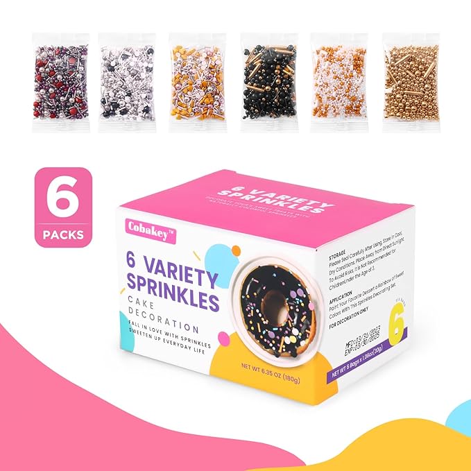 Sprinkles For Cake Decorating, Cupcake, Cookies, Ice Cream Topper, 6 Packs Gold Sprinkles, Silver Sprinkles, Luxury of assorted Sprinkles for Cake Baking, Perfect For Birthdays, Wedding