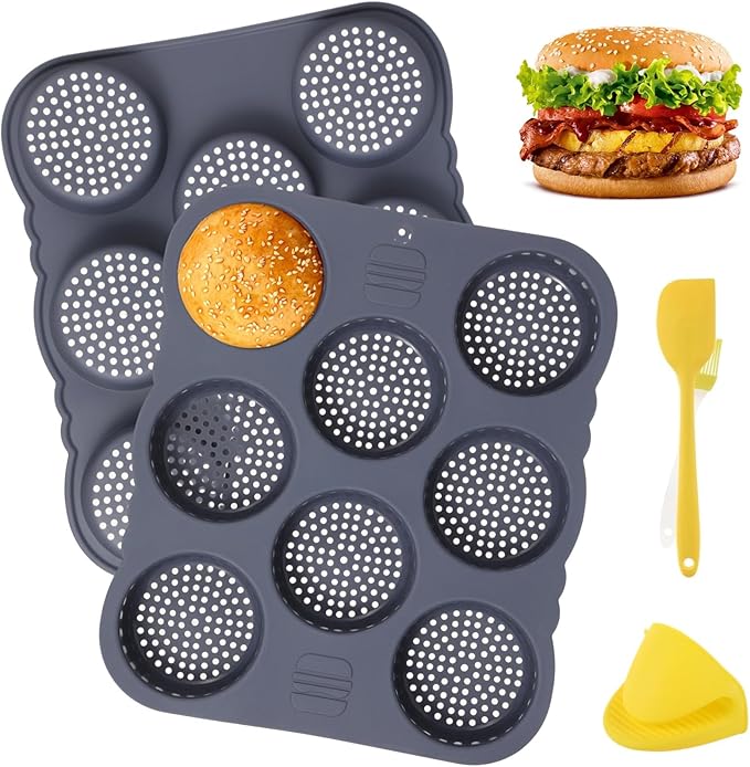 2 Pcs Hamburger Bun Molds, 8-Cup Burger Bun Pans with Spatula, Brush and Grab Glove, Silicone Egg Bite Molds, Silicone Muffin Pans for Baking, Dishwasher and Microwave Safe