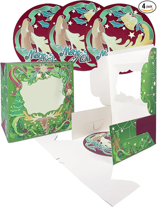 Bakepacker Christmas Cake Boxes with Window Green Deer 10x10x5 Bakery Box for Xmas Party Supply Cake Carrier Containers (4 Cake Boxes +4 Cake Boards Included)