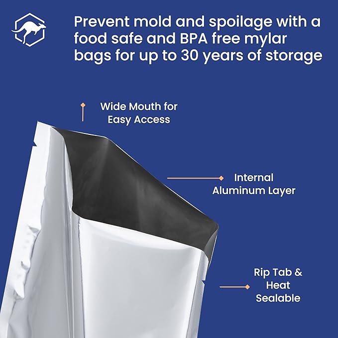 Wallaby 100ct Multi-Size Mylar Bags, 400cc Oxygen Absorbers, 10 Mil Thickness, 1-Gal 10x14, 1-Qt 8x12, 1/2-Pt 6x8, Heat-Sealable, Airtight, Flat, Silver, for Long-Term Food Storage.