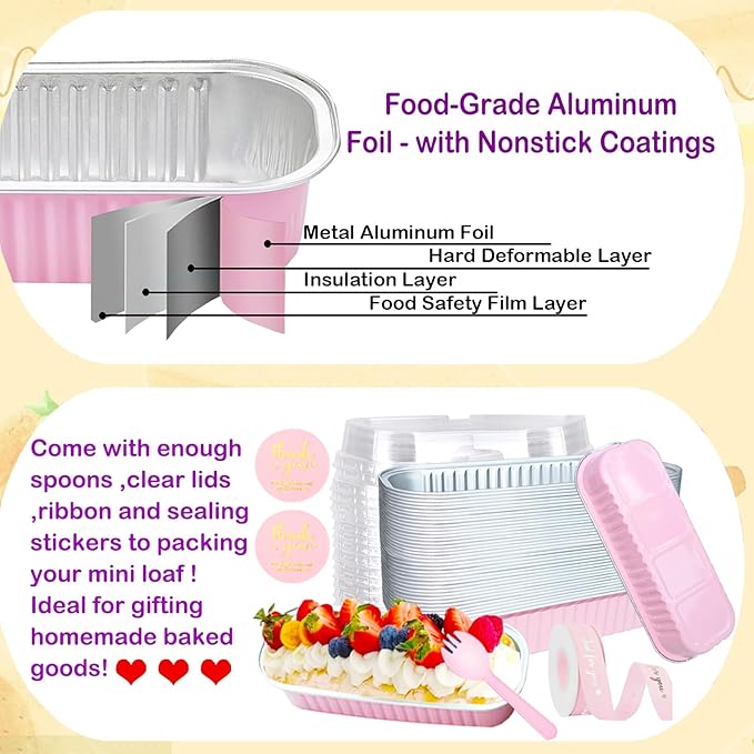 50 Pack Mini Loaf Pans with Lids and Spoons, 6.8 Oz Mini Cake Pans with Lids for Baking,Pink Disposable Rectangle Aluminum Foil Loaf Pan with Ribbon Stickers，Small Cake Containers Tin（Pink）
