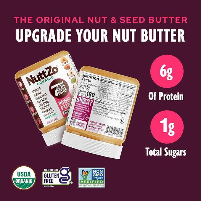 NuttZo Organic Power Fuel 7 Nuts and Seeds Butter, Smooth, Paleo and Keto Friendly, Peanut and Gluten Free, Vegan, Kosher, No Added Sugar or Oil, 12 oz Jar, 6 Pack