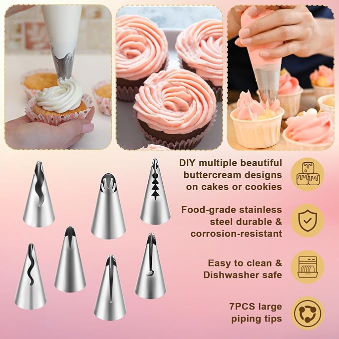 7PCS Pleated Skirt Piping Tips Set, Stainless Steel Cake Decorating Tips Nozzle Piping Set Frosting Icing Tips with Cleaning Brush for Pastry Fondant Cupcakes Cake Decorating