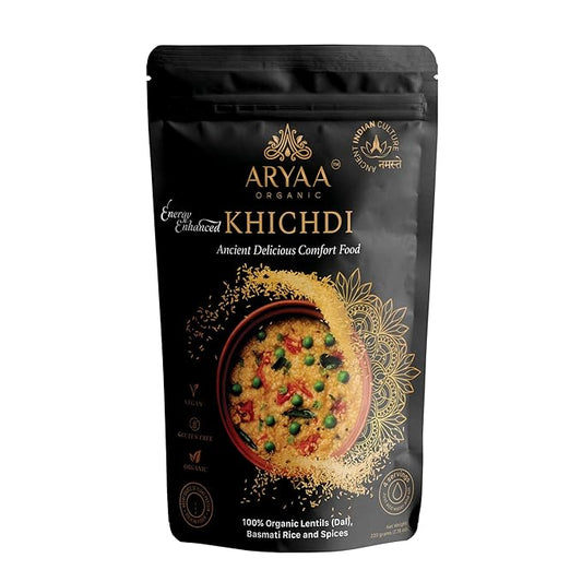 Aryaa Organic Khichdi 220g | Indian Risotto One-Pot Meal with Basmati Rice, Lentils & Ayurvedic Spices | High Protein, High Fiber, Vegan, Gluten-Free, Non-GMO, Easy to Digest, Ideal for Detox & Clean Eating