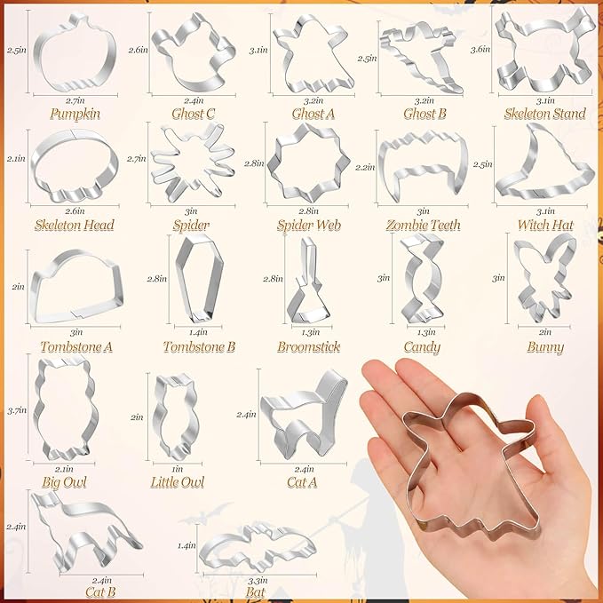 Lezmarket 20Pcs Halloween Cookie Cutters, Stainless Steel Baking Supplies for Halloween Cookie Sandwich Party Decorations- Ghost Pumpkin Cat Bat Coffin Witch Hat Skull Candy Broom Spider Owl Tooth