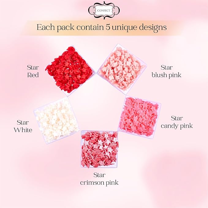 Confect Star Sprinkles | Sprinkle for Baking, Cookie & Cake Decorative | Baby Shower Sprinkles | Pink, White & Red Sprinkle | Edible sprinkles Mix Pack of 5-Vegan, Gluten-Free, Nut-Free, Soy-Free, Dairy-Free, Palm Oil-Free -5 Oz