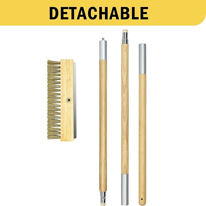 Pizza Oven Brush with Scraper,60-Inch Adjustable-Length Long Wood Handle Brass Bristles,Outdoor Pizza Oven Brush
