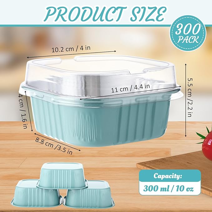 Aoriher 300 Pieces 10 oz Mini Cake Pans with Lids, Aluminum Foil Baking Cups, Square Disposable Cupcake Cups Baking Tins for Wedding Birthday Party Supplies(Light Blue)