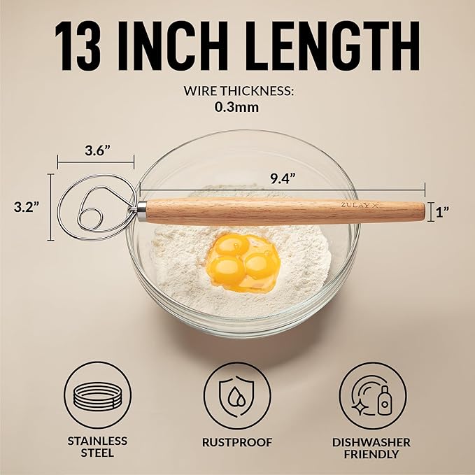 Zulay Kitchen 13-Inch Danish Dough Whisk - Wooden Danish Whisk for Dough with Stainless Steel Dough Hook - Traditional Dutch Whisk - Bread Whisk for Sourdough, Pizza, Pastry, Cake Batter - 2 Pack