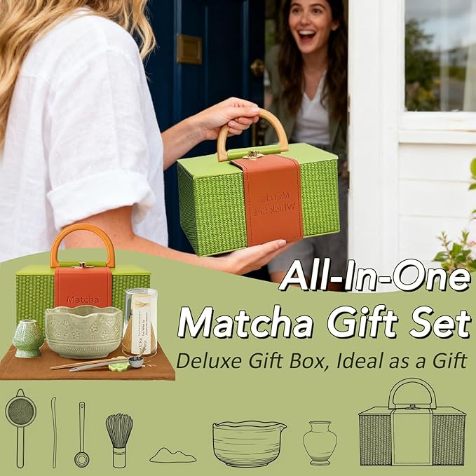 8Pcs Matcha Whisk Set, Matcha Set Includes Ceramic Matcha Bowl, Whisk and Holder, Bamboo Scoop, Scoop Rest, Sifter, Measuring Spoons and Tea Towel Tea Kit Gift Set for Women (Green)