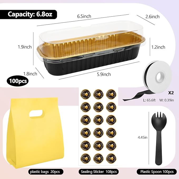 OcePor 100 Pack Mini Loaf Pans With Lids，Mini Cake Pans With Lids and Spoons，6.8oz Bread Loaf Pans Disposable，Small Aluminum Cake Tins,Baking Pans Individual (Black&Gold)
