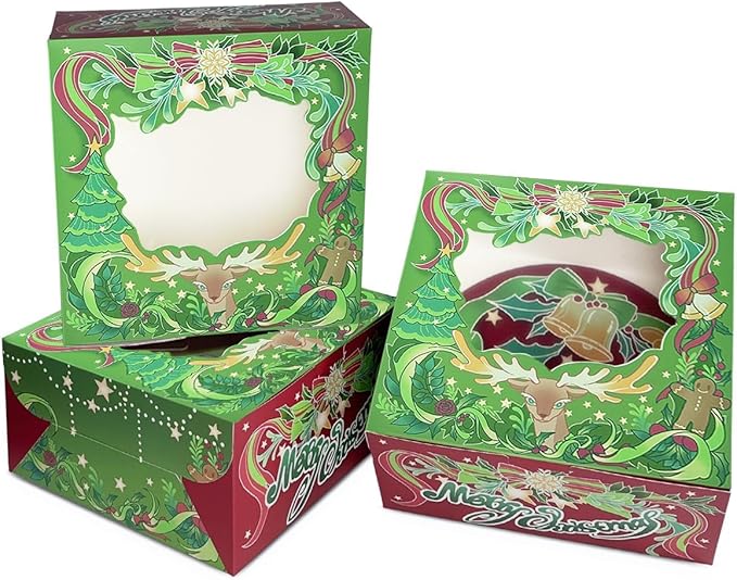 Bakepacker Christmas Cake Boxes with Window Green Deer 10"x10"x5" Bakery Boxes for Xmas Holiday Winter Party Supply 36pcs (18 cake boxes +18 Cake Boards Included)