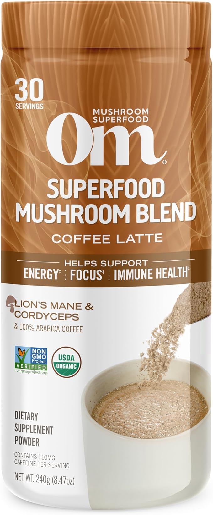 Om Mushroom Superfood Coffee Latte Blend – Functional Mushroom Powder with Lion’s Mane, Cordyceps, Reishi & Chaga – Energy, Focus & Mental Clarity Support – 8.47 oz Canister (30 Servings)