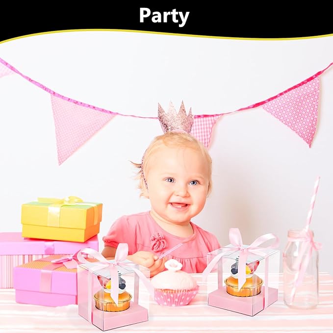EUSOAR Pink Cupcake Boxes, 100 Packs 3.5 Inch Clear Plastic Cupcake Containers Box Individual with Inserts and Ribbon, Pastry Wrappers Clear Muffin Gift Holder for Wedding Favor Bakery Decor