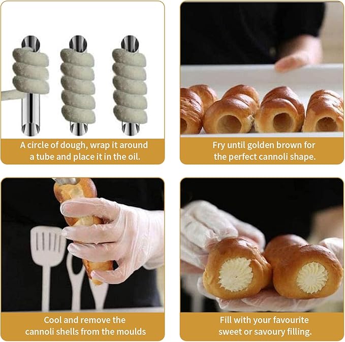 Cannoli Tubes,20PCS Stainless Steel Screw Croissant Mold with Brush, 5 inch Conical Tube Cone Roll Moulds Spiral Pastry Cream Horn Cake Bread Mold for Cannoli Tubes Croissant Baking