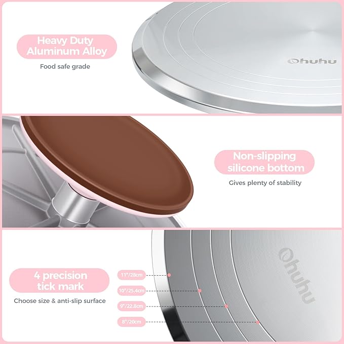 Ohuhu Cake Turntable, Aluminium 12'' Cake Decorating Kit Supplies Rotating Stand Revolving Spinner with 2 Icing Spatula 3 Comb Smoother Christmas Gifts