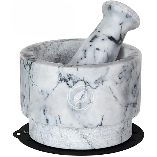 Laevo White Marble Mortar and Pestle Set - Heavy Duty Stone Spice Grinder - 2.1 Cup Capacity, 5.5-Inch Reversible Mortar and Pestle Set for Guacamole, Pesto, Spices - Large