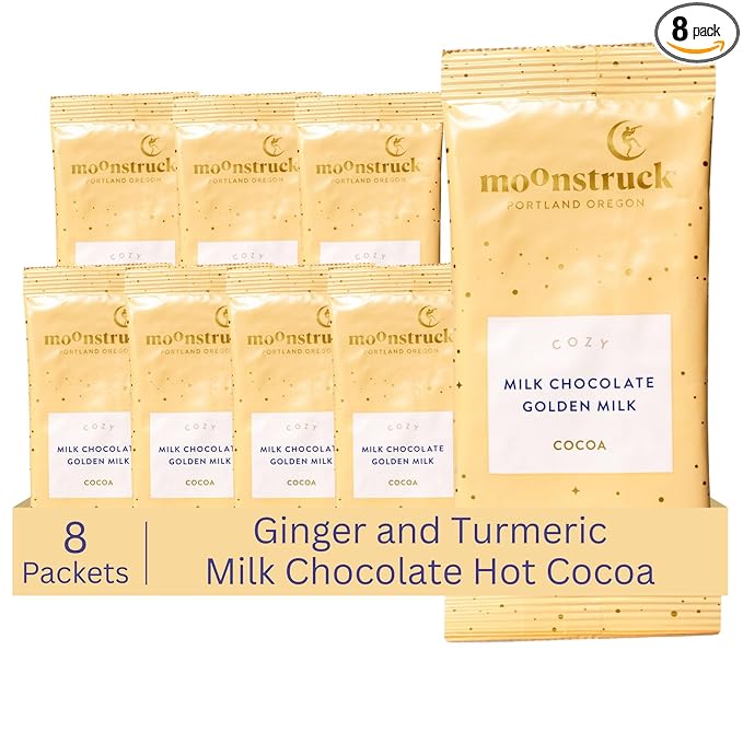 Moonstruck Chocolate Single Serve Cozy Ginger and Turmeric Milk Chocolate Hot Chocolate Packets, 8 Count (Pack of 1)