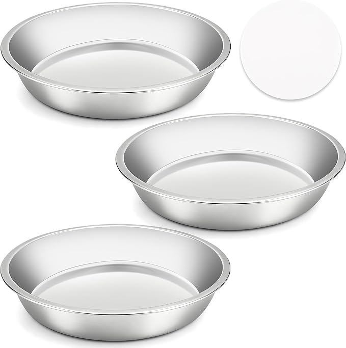 Cake Pan Set of 3-8 Inch Stainless Steel Cake Pans with 100 Parchment Paper, Nonstick, Mirror Finish for Easy Release, Even Baking, Dishwasher Safe, Round Cake Pans for Birthday, Banquet
