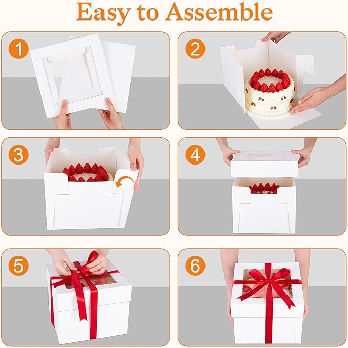 Sudaya 10x10x5 Cake Boxes with Window, Cake Boxes 10 inch Tall with Cakes Box Ribbon Stickers, 10in Disposable Carry Bakery Containers Cajas Para Pasteles for Pies Party Wedding Gift Giving