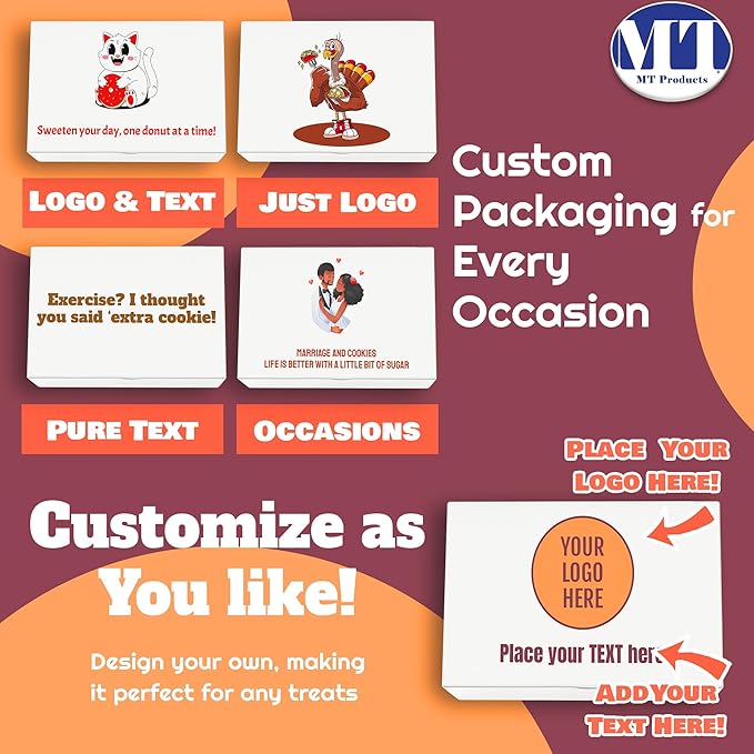 MT Products Custom Printed Bakery Boxes - 8" x 5.5" x 4" White Customizable and Cupcake Boxes with Logo (Pack of 5) - Made in USA