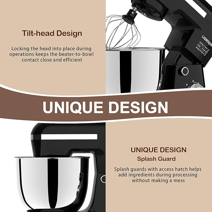 3 in 1 Electric Stand Mixer with 5.5 Quart Bowl, Household Food Mixer 10+p Speeds, Kitchen Tilt-Head Bread Dough and Cake Mixers for Home Daily Use (Black)