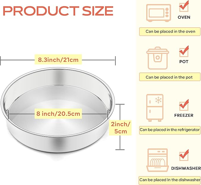 Herogo 8 Inch Round Cake Pan Set of 3, Stainless Steel Nonstick Layer Tier Birthday Wedding Cake Pans, Fit Oven Pots Pressure Cooker, Mirror Finish, Dishwasher Safe