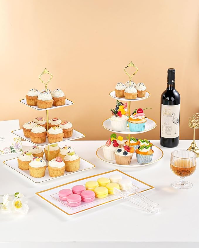 Lzerking 13pcs Dessert Table Display Set, 6 3-Tiered Cupcake Stands (3round & 3square) with 4 Trays & 3 Tongs, White Gold Plastic for Wedding, Tea Party, Baby Shower Decor, Birthday Party Decoration