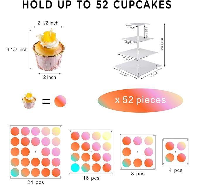 Cupcake Stand, 4-Tier Square Cupcake Holder with LED light String, Acrylic Cupcake Tower Display-Dessert Tower-Pastry Stand-Cupcake Tier Stand for Wedding, Birthday party ( Colorful Light)