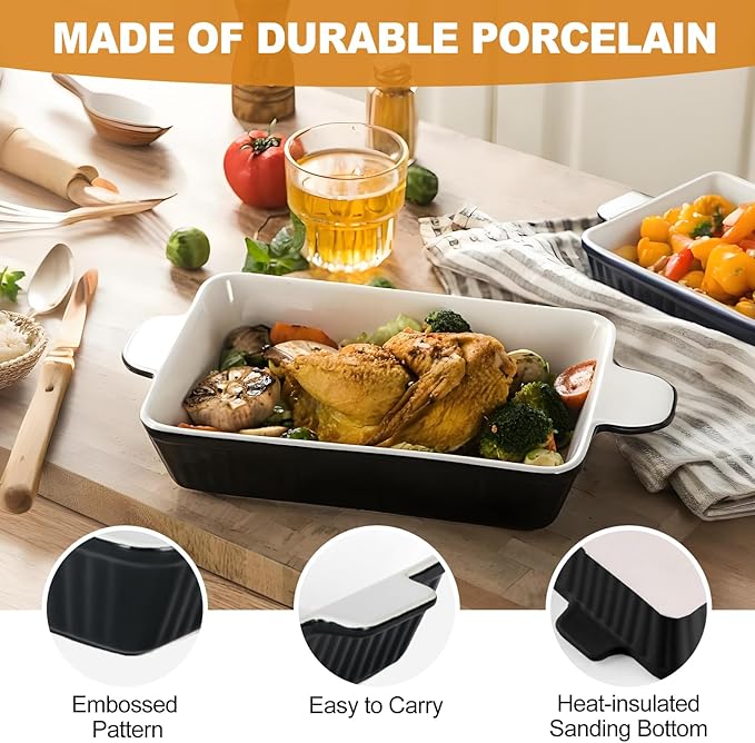 Casserole Dishes for Oven, Porcelain Baking Dishes, Ceramic Bakeware Sets of 3, Rectangular Lasagna Pans Deep with Handles for Baking Cake Kitchen ﻿ (black)