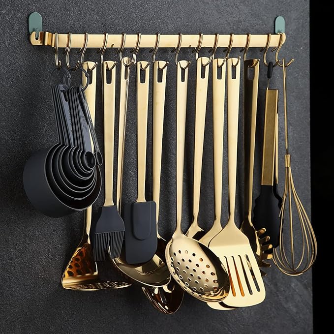 Gold Cooking Utensils Set, Kyraton Stainless Steel 37 Pieces Kitchen Utensils Set with Titanium Gold Plating, Kitchen Gadgets Tool Set with Utensils Racks Heat Resistant Dishwasher Safe