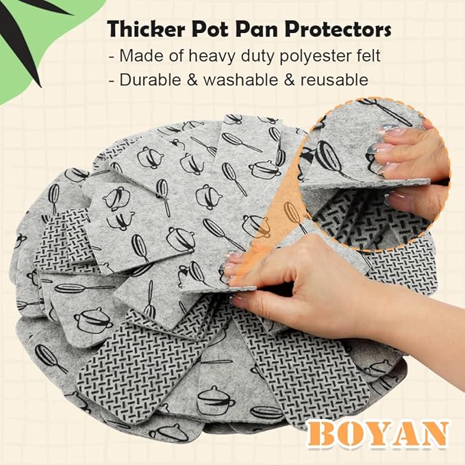 BOYAN Pot and Pan Protectors, Thicker Felt Pot Protectors for Stacking, Set of 12 & 3 Different Sizes, Cookware Accessories, Pan Separators for Stacking Skillet Fry Pan Ceramic Saucepan Glassware