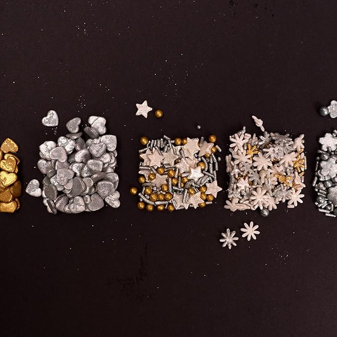 Confect Christmas Sprinkles | Grey, Gold & White Mix | Edible Star, Pearl & Flower Shaped Sprinkles | Elegant Holiday Cake & Cupcake Decorations- 5 Oz