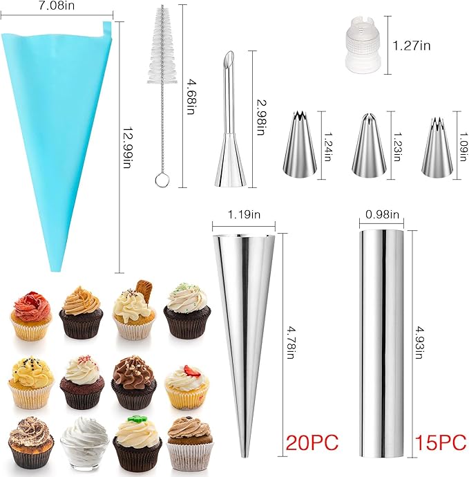 42pcs Cannoli Forms Tubes Kit With Piping Bags Reusable,Non-stick Stainless Steel 20pcs Cone Shaped and 15pcs Tubular Shaped Baking Molds for Danish Pastry Lady Lock Form Cream Roll Croissant