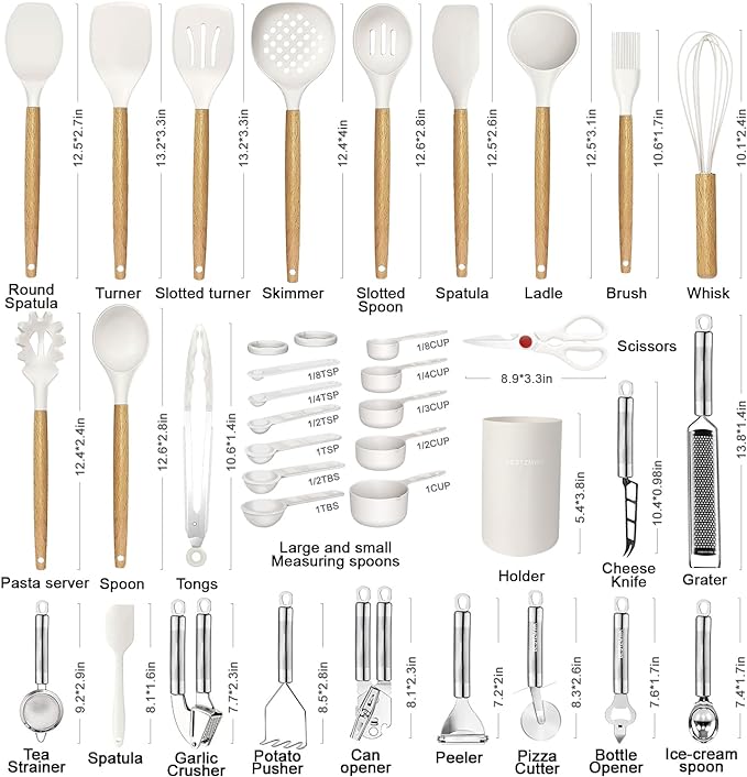 Cooking Utensils Set- 35 PCs Kitchen Utensils with Grater,Tongs, Spoon Spatula &Turner Made of Heat Resistant Food Grade Silicone and Wooden Handles Kitchen Gadgets Tools Set for Cookware