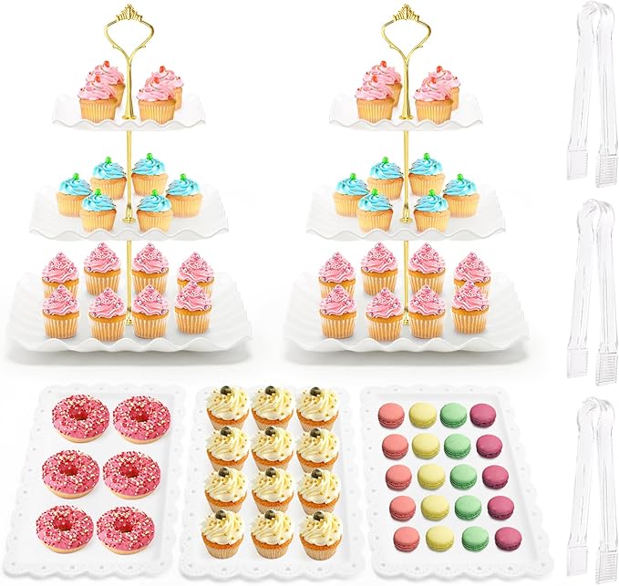 Coitak 8 Pieces Cupcake Stand Set, 2 PCS 3 Tier Cupcake Stands with 3 PCS Appetizer Trays, 3 PCS Serving Tongs, Dessert Tower Tray for Tea Party (White)