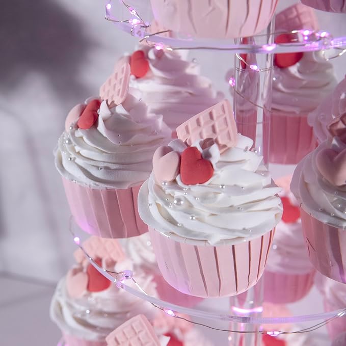 Cupcake Stand, 4-Tier Round Cupcake Holder with LED light String, Acrylic Cupcake Tower Display-Dessert Tower-Pastry Stand-Cupcake Tier Stand for Wedding, Birthday party ( Pink Light)