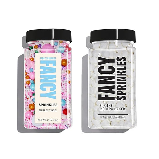 Fancy Sprinkles Limited Edition Holiday Sprinkle and Fluff Set featuring Shirley Tinsel Sprinkles and Mini Marshmallow Bits For Christmas Cookies, Holiday Cupcakes, Gingerbread Men and Hot Chocolate (0.5c)