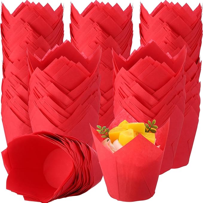 600 Pcs Tulip Cupcake Liners for Baking Muffin Liners Printed Baking Cups Holders Greaseproof Wrappers Decoration for Cupcake Bouquet Birthday Party Wedding Bride Shower (Red)