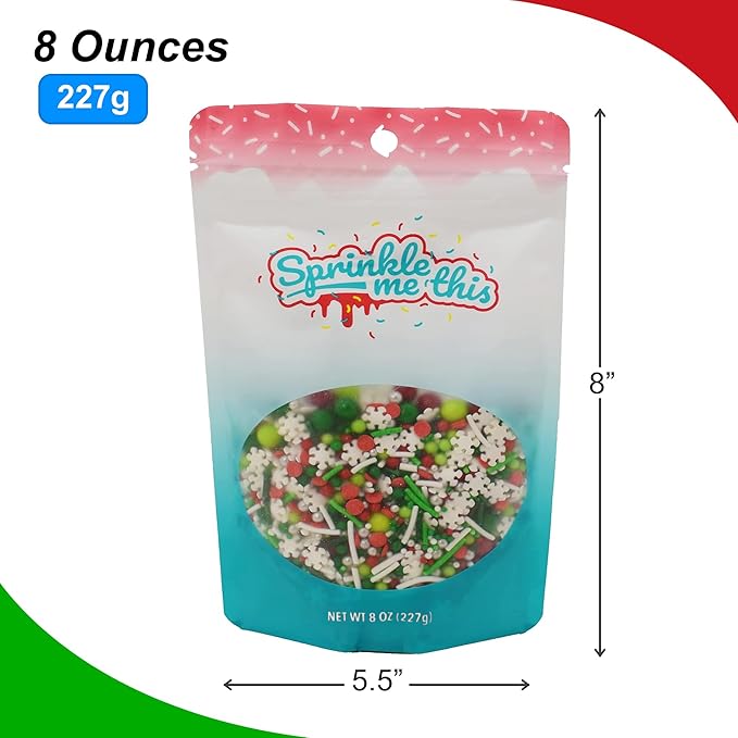 Under the Mistletoe - 8 Oz Sprinkle Resealable Bag - Christmas Themed Sprinkle Mix - Featuring Green, Lime Green, and Red Pearls, White Jimmies, Snowflake Quins, and Silver Nonpareils