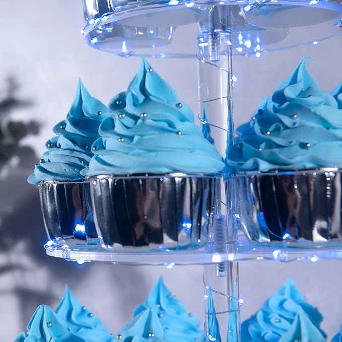 Cupcake Stand, 4-Tier Round Cupcake Holder with LED light String, Acrylic Cupcake Tower Display for Wedding, Birthday party etc.（Blue Light）