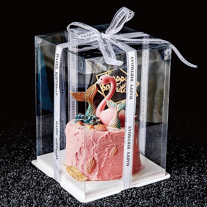 8 Pcs 10x10x12Inch Clear Cake Box with Ribbon, PET Tall Cake Boxes, Clear Gift Boxes for 8 Inch Cake, Bakery Transport Container, Transparent Display Box for Birthday Wedding Party