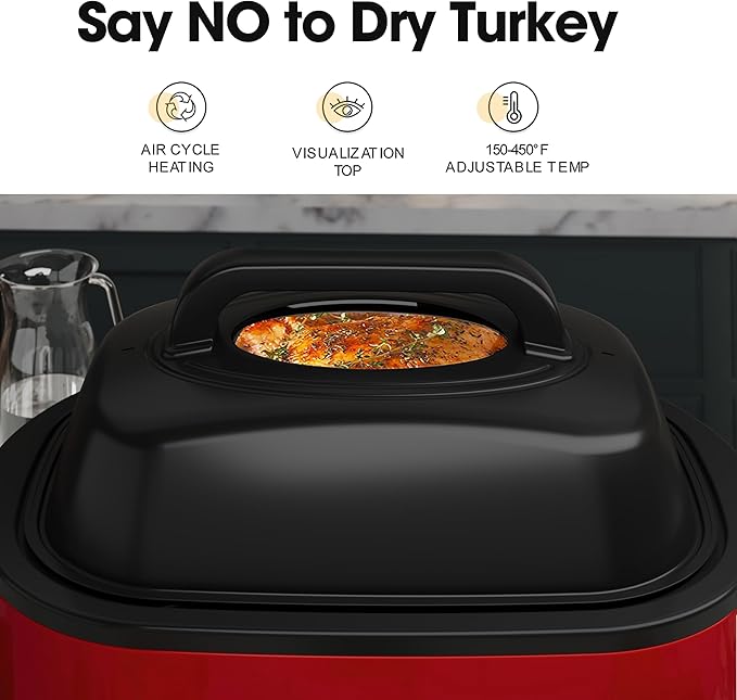 24Qt Turkey Roaster Oven Buffet with Self-Basting Lid, 1450W Electric Roaster Oven with Cool-Touch Handles, Stainless Steel，Removable Pan and Rack, Red