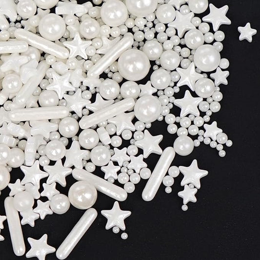 White Pearl Star Rods Sprinkles, Edible Pearls Sugar, 130g/4.58oz, White Sprinkles for Cupcake Decorating, Cupcake Toppers, Cake Decorations