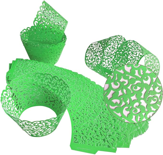 GOLF 100Pcs Cupcake Wrappers Artistic Bake Cake Paper Filigree Little Vine Lace Laser Cut Liner Baking Cup Wraps Muffin CaseTrays for Wedding Party Birthday Decoration (Green)