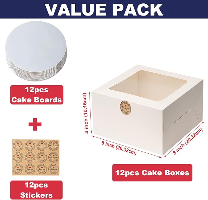 8x8x4 Inch Cake Box With Cake Boards, 12 Pack Easy To Assemble 8 Inch Bakery Boxes With Window, White Pastry Boxes For Baked Goods, Bakery Packaging For Charcuterie, Home Bakery Business Essentials