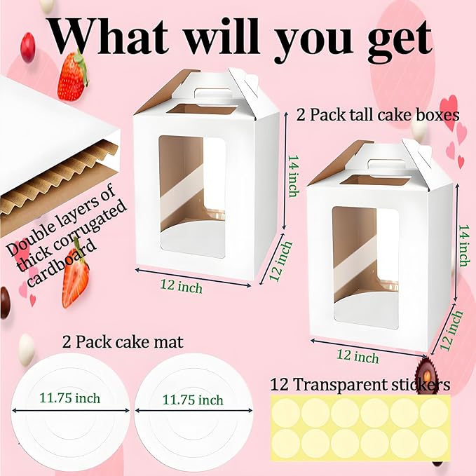 Cake Boxes - 2 Pack Tall Cake Box 12x12x14 Inch Disposable Layer Carrier with Window Large Tierd Cake Out Transport Containers with Handle for Wedding, Birthday, Party (White)