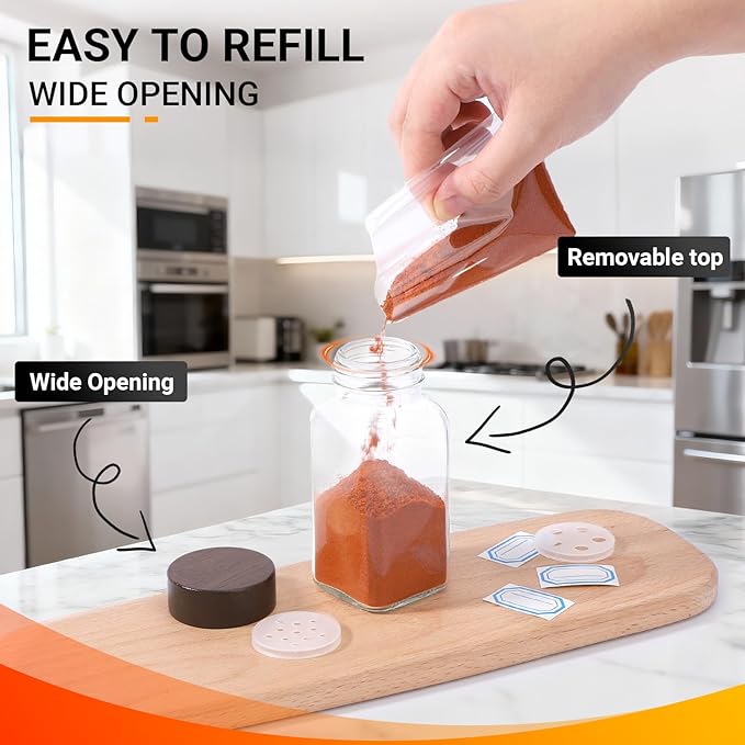 Segarty 6oz Spice Jar with Wood Lids, 2 PCS 180ml Glass Square Spices Jars with Shaker Lids, Clear Empty Seasoning Containers Cereal Containers Storage Set, Large Spice Bottle with 7 Stickers, 1 Brush