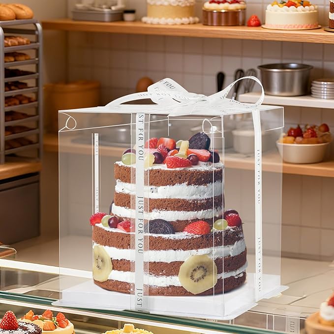 cake box-14 * 14 * 10inch/4pcs, Clear Display Gift Boxes with RibbonStackable Food Storage Containers for Pastry (Clear, 14 * 14 * 10inch/4pcs)